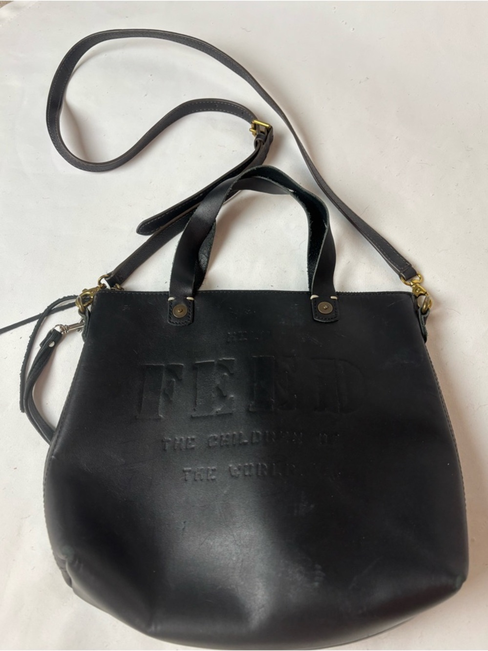 FEED Elenor Black Leather Medium Tote Top Handle Crossbody Bag